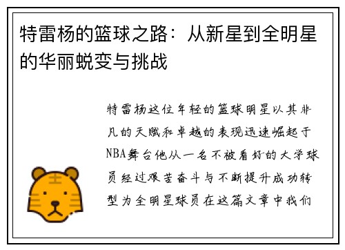 特雷杨的篮球之路：从新星到全明星的华丽蜕变与挑战