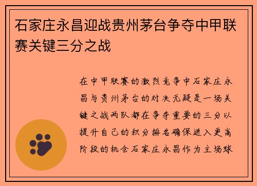 石家庄永昌迎战贵州茅台争夺中甲联赛关键三分之战